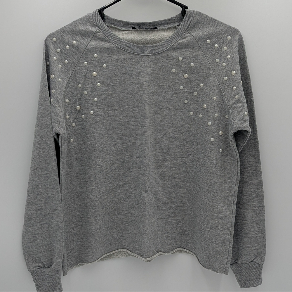 Select Women's Gray Pearl Embellished Sweater Cotton Blend Crew Neck
